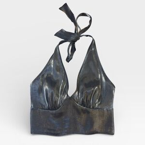 NWT Primark Metallic Silver V Neck Halter Bralette Crop Top Open Back USA 2